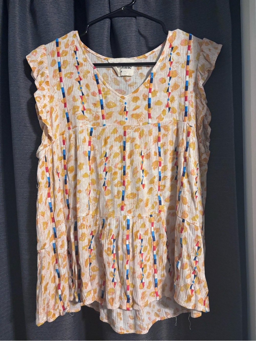 Savanna Jane Ivory Floral Ruffle Sleeve Peasant Top with Blue & Yellow Accents